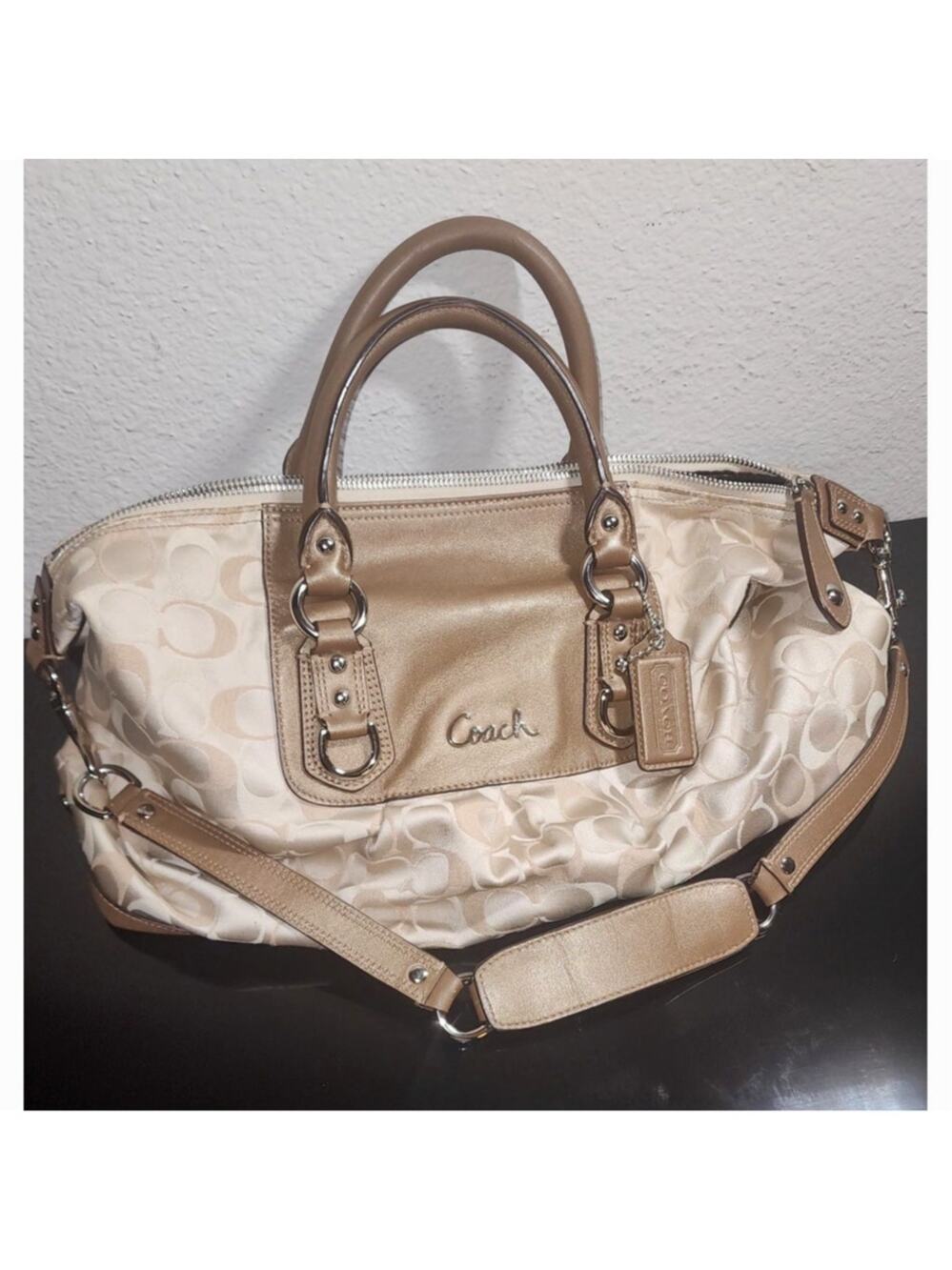 Coach Metallic Gold & Beige Ashley Signature Shoulder Bag